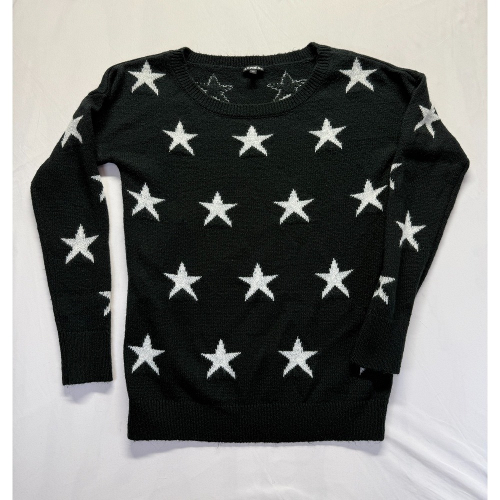 Express Sweater Womens Large Black White Star Print Acrylic Tight Knit Ribbed
